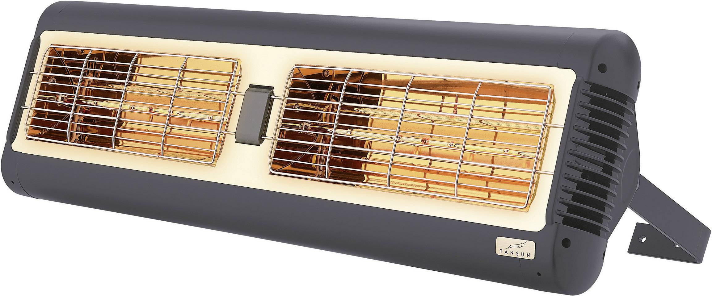 Un radiateur électrique mural avec deux tubes chauffants lumineux et une grille de protection pour l'extérieur.