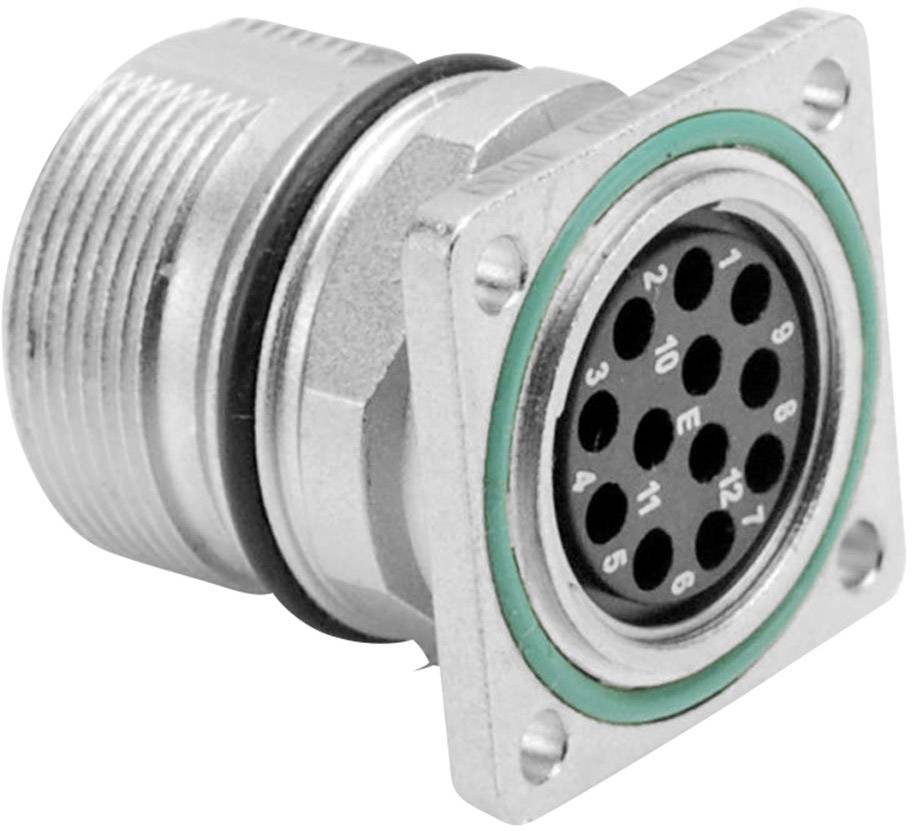 Un connecteur cylindrique métallique avec plusieurs broches de contact rondes, adapté aux connexions industrielles.