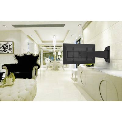 Un environnement de salon élégant et lumineux avec un téléviseur à écran plat fixé au mur et des meubles élégants en arrière-plan.