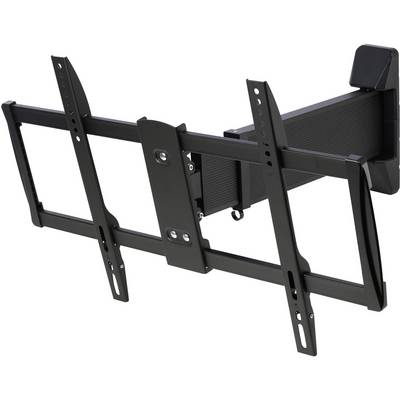 Support mural pour téléviseur, inclinable et orientable. Cadre noir robuste avec plusieurs points de fixation et bras pivotant.