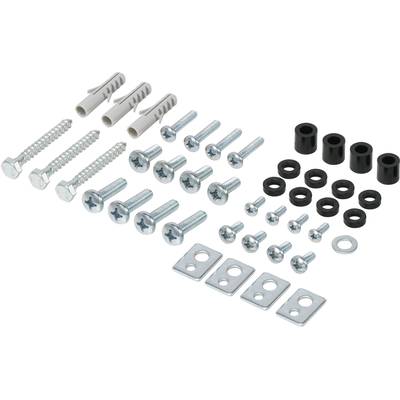 Ensemble de montage avec vis, chevilles, écrous et rondelles de différentes tailles sur un fond blanc, prêt à être installé.