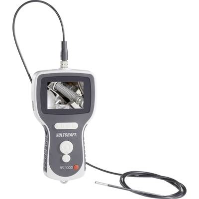 Un endoscope portable affiche des composants mécaniques sur un écran. Il est équipé d'un câble flexible avec caméra.
