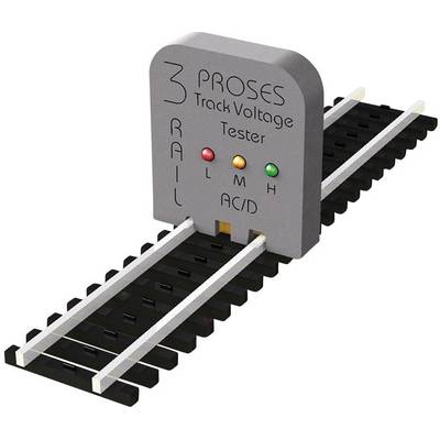 Testeur de tension pour voies de train miniature avec LED pour tensions basses, moyennes et élevées. Se trouve sur un tronçon de voie.