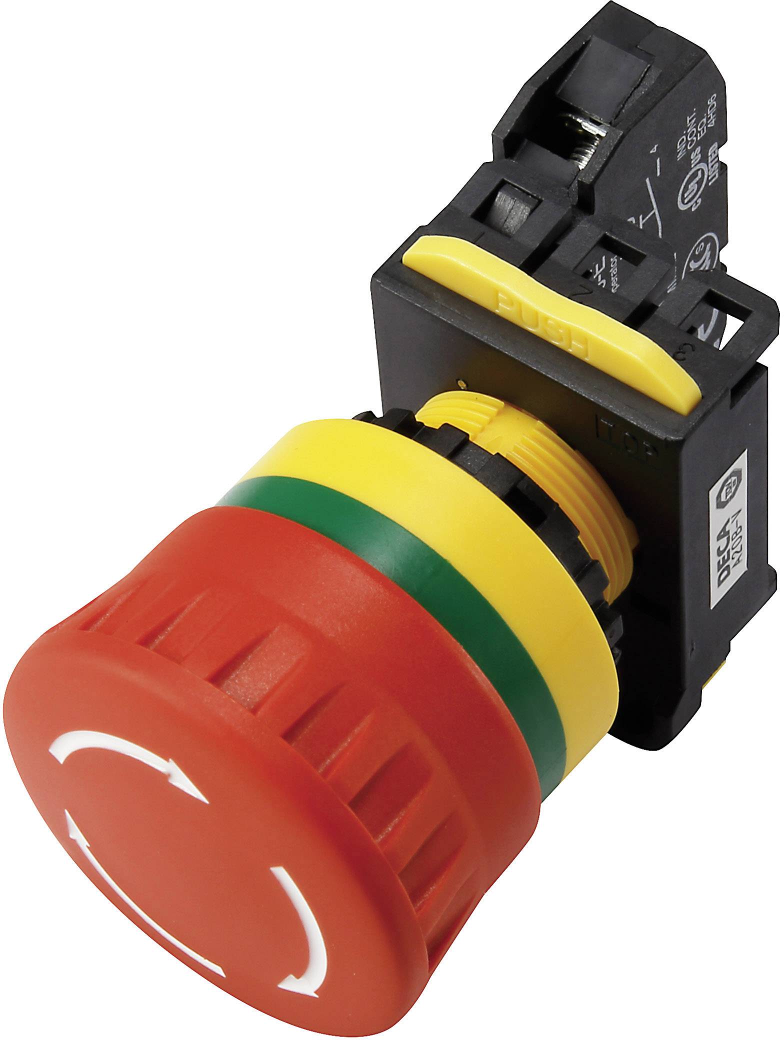 Bouton d'arrêt d'urgence avec poignée rouge, boîtier jaune et anneau vert, utilisé pour l'arrêt rapide des appareils en cas d'urgence.