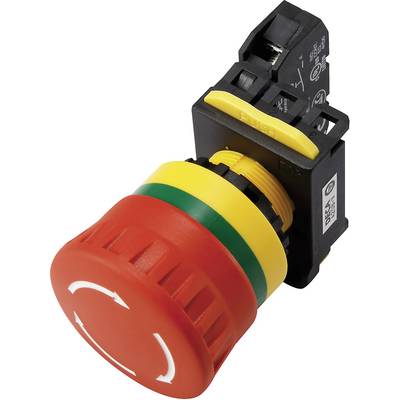 Bouton d'arrêt d'urgence avec poignée rouge, boîtier jaune et anneau vert, utilisé pour l'arrêt rapide des appareils en cas d'urgence.
