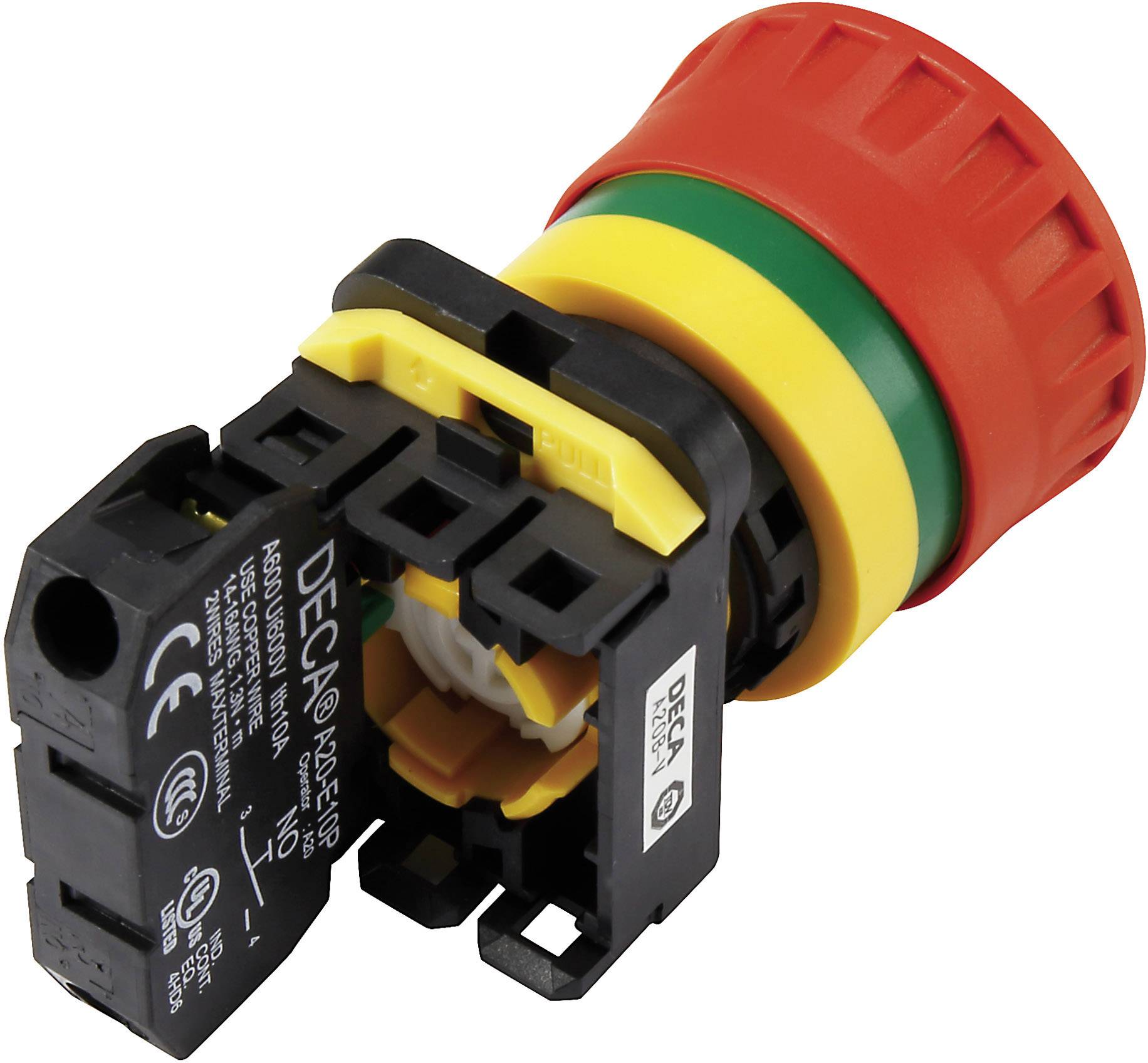 Un bouton d'arrêt d'urgence rouge avec un boîtier noir, des éléments jaunes et verts, adapté aux systèmes de commande électriques.