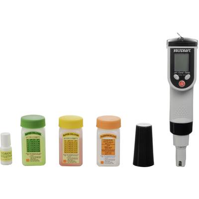 Kit de mesure de pH numérique avec capteur de pH et quatre flacons de couleurs contenant des solutions tampons pour l'étalonnage. Comprend également un capuchon de protection.