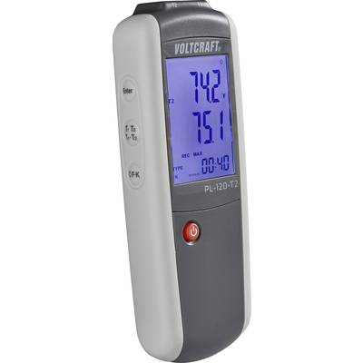 Appareil portable de mesure de température, affichant 74,2 °F et 75,1 °F. Marque : Voltcraft, Modèle : PL-120-T2. Bouton de mise en marche rouge, écran bleu.