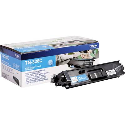 Un emballage ouvert de la marque Brother contenant une cartouche de toner cyan, modèle TN-326C, est posé à côté de sa boîte.