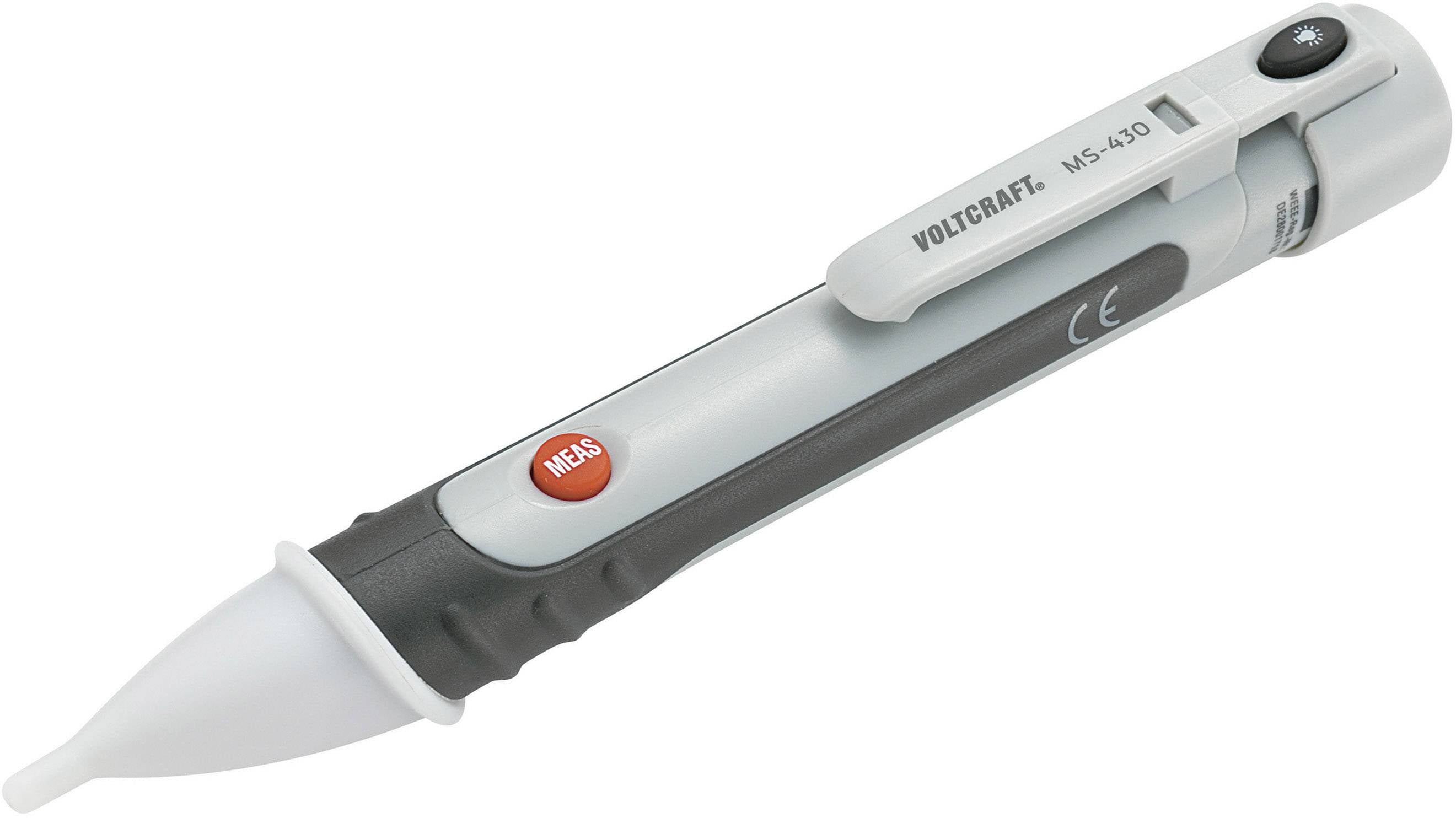 Un testeur de tension sans contact en forme de stylo avec clip et indicateur LED. Les noms de marque sont visibles.