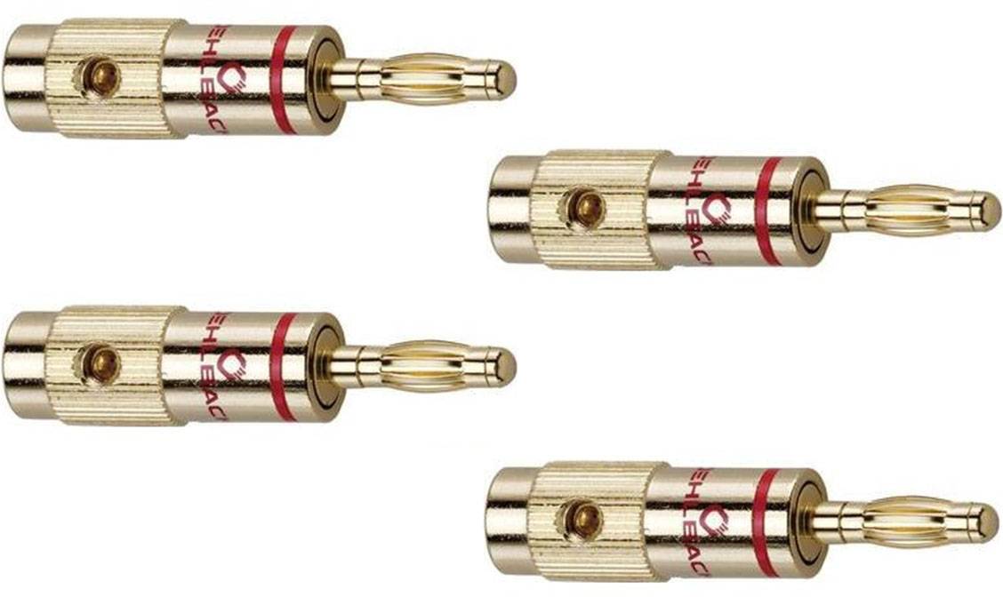 Quatre fiches bananes dorées alignées, utilisées pour des connexions de haut-parleurs de haute qualité. Elles sont cylindriques avec des marquages rouges.