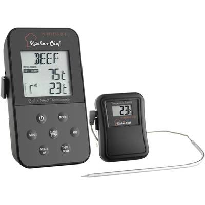 Thermomètre numérique pour viande avec deux appareils : l'appareil principal affiche 'BŒUF', température cible 75°C, température actuelle 23°C. Capteur avec affichage de la température.