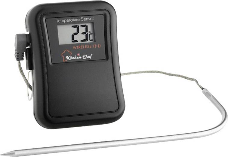 Thermomètre de cuisine numérique avec sonde affichant 23°C. Adapté pour surveiller sans fil les températures des aliments pendant la cuisson.