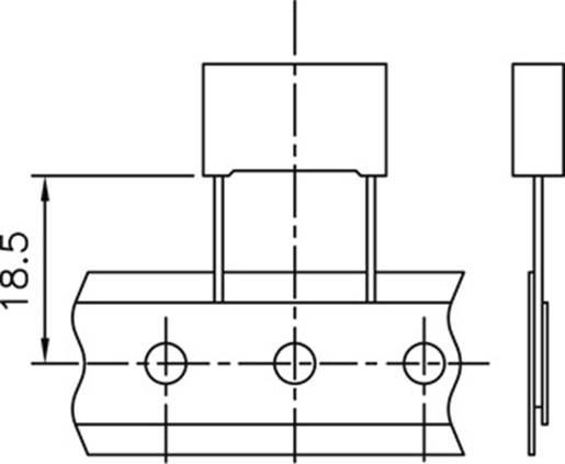 Dessin technique d'un composant mécanique avec trois trous et indications dimensionnelles. Hauteur indiquée comme 18,5. Vue de côté incluse.
