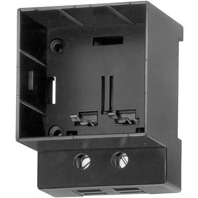 Un support de rail DIN noir rectangulaire avec deux vis sur la face inférieure, adapté pour la fixation d'appareils électriques.
