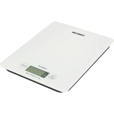 Balance de cuisine numérique blanche affichant zéro. Nom de la marque en haut, boutons 'UNIT' et 'ON/TARE' visibles. Capacité maximale de 5000g.
