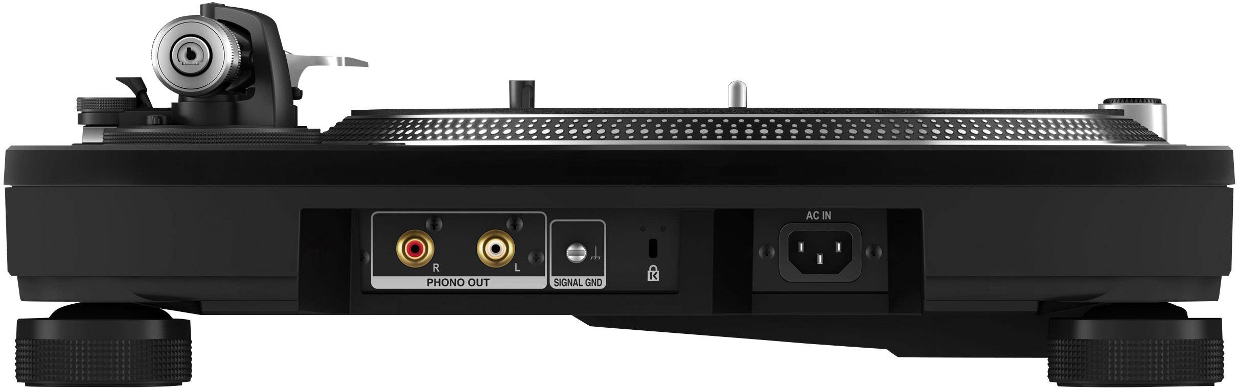 Vue arrière d'un tourne-disque avec ses prises de raccordement, comprenant « Phono Out » et « Control Out ».