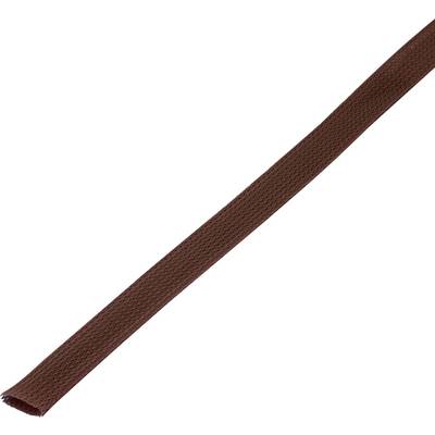 Gaine de protection de câble marron, tissée, vue en diagonale sur un fond blanc.