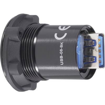 Connecteur USB noir avec intérieur bleu, disposé latéralement, portant le marquage CE et l'étiquette 'USB-08-BK'.