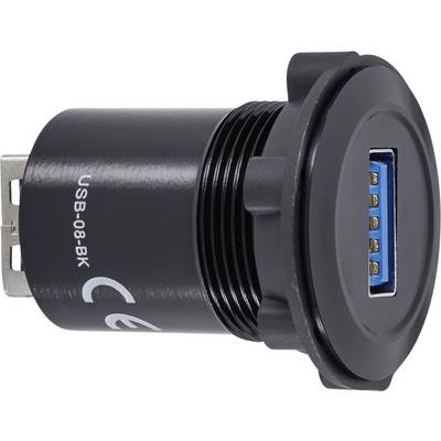 Port USB noir avec intérieur bleu, adapté aux appareils électroniques et au transfert de données. Design rectangulaire avec marquage CE.
