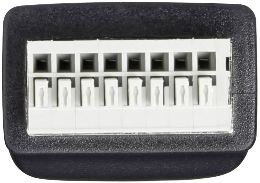 Un connecteur noir rectangulaire avec plusieurs emplacements blancs utilisés pour des connexions électroniques.