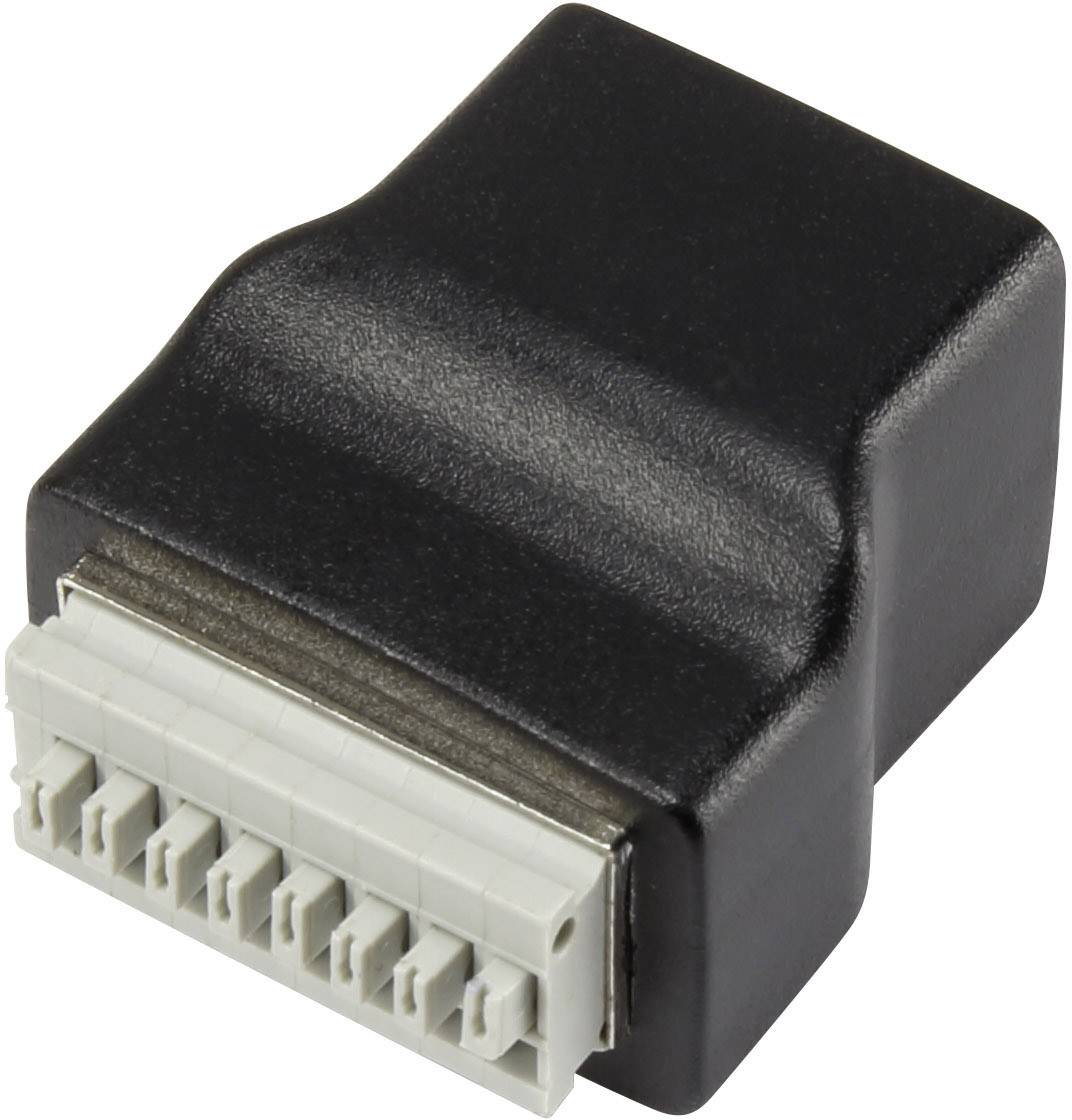 Adaptateur électronique noir rectangulaire avec un connecteur blanc à 8 broches sur un côté, probablement destiné aux connexions de câbles.