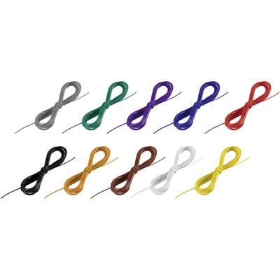 Dix faisceaux de fils isolés de différentes couleurs : gris, vert, bleu, violet, rouge, noir, orange, marron, blanc et jaune.