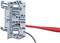 Bloc de connexion électrique avec deux conducteurs, l'un rouge et l'autre gris, chacun fixé dans une borne distincte.