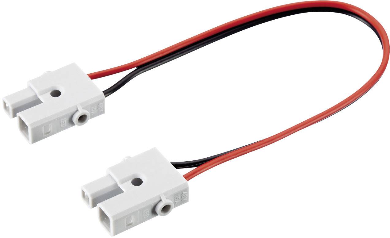 Deux connecteurs électriques gris, reliés par des câbles rouges et noirs.