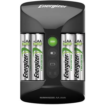 Chargeur de batterie avec quatre piles AA de la marque Energizer en cours de charge.
