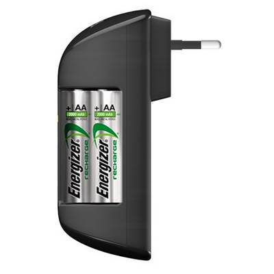Chargeur compact avec deux piles 'Energizer' AA insérées, adapté pour une connexion directe à une prise électrique.