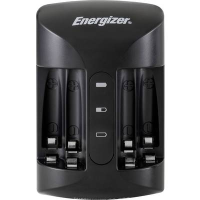 Un chargeur de piles Energizer noir avec quatre emplacements pour piles AA ou AAA. Trois voyants LED indiquent l'état de charge.