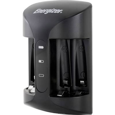 Un chargeur Energizer noir capable d'accueillir quatre piles AA. Il est équipé d'un indicateur LED montrant la progression de la charge.