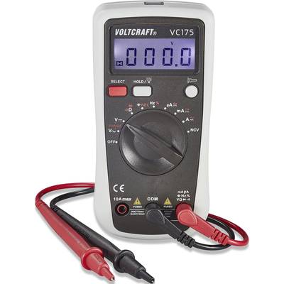 Multimètre numérique avec affichage '0,00 V', commutateur rotatif pour différentes mesures, deux câbles de mesure rouge et noir.