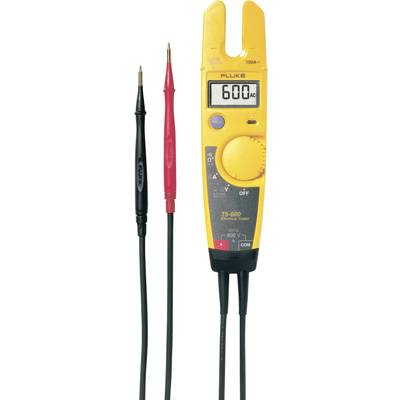 Testeur de tension numérique avec boîtier jaune, l'affichage indique '600 AC'. Deux pointes de test, noires et rouges, sont placées à côté.