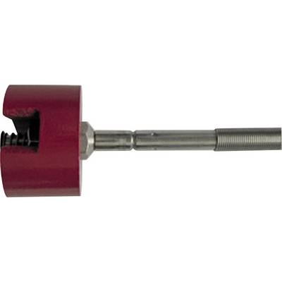 Un outil rouge cylindrique avec une poignée en métal. Le cylindre présente une encoche et abrite un mécanisme à ressort.