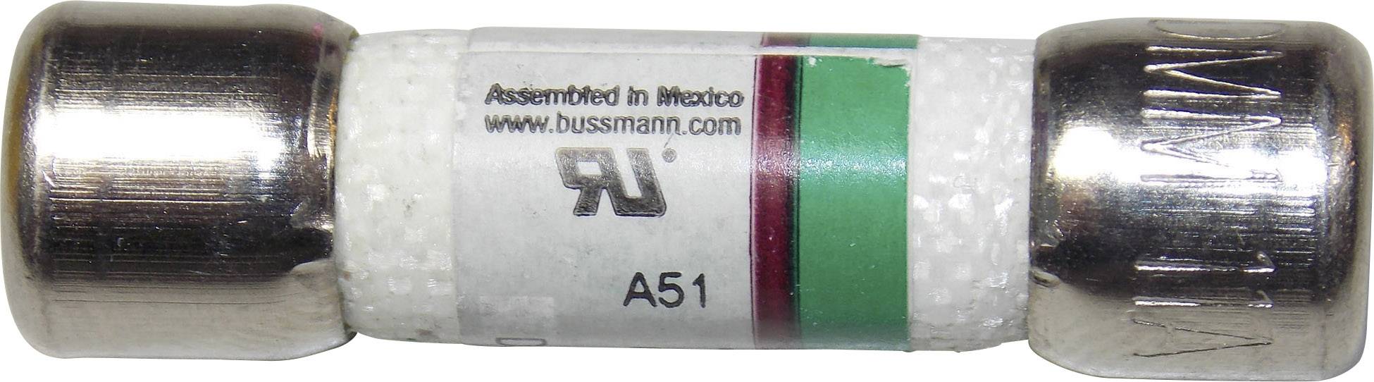 Un fusible électrique portant l'étiquette 'A51', 'Assemblé au Mexique' et le site web 'www.bussmann.com'.