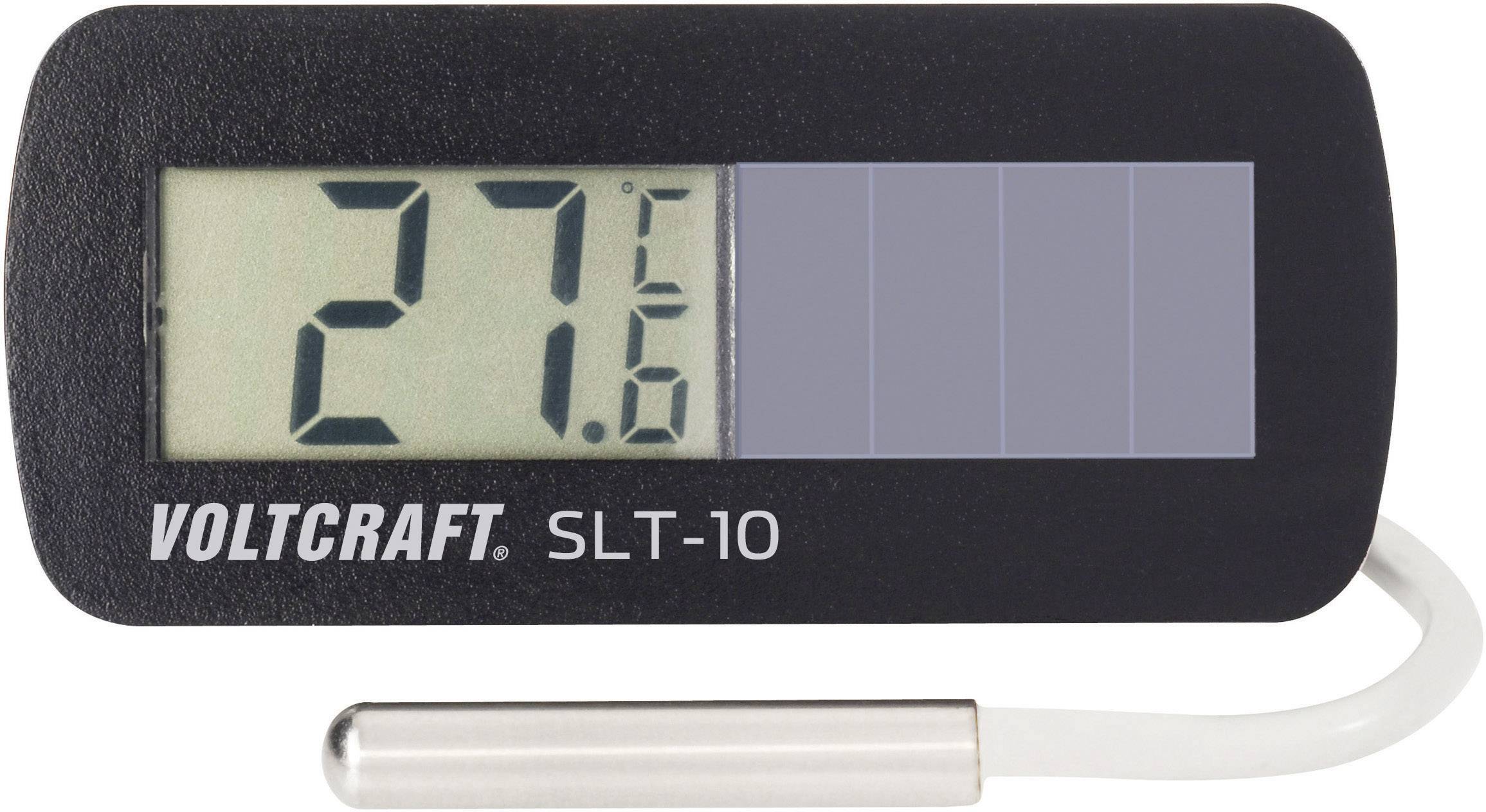 Affichage de température avec la valeur de 27,6 °C sur un thermomètre Voltcraft SLT-10, identifiable grâce au panneau solaire et au capteur.
