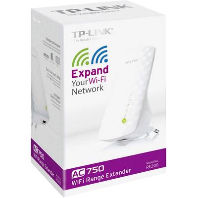 Un emballage pour le répéteur Wi-Fi TP-Link AC750, modèle RE200, indique la fonction 'Étendez votre réseau Wi-Fi'.