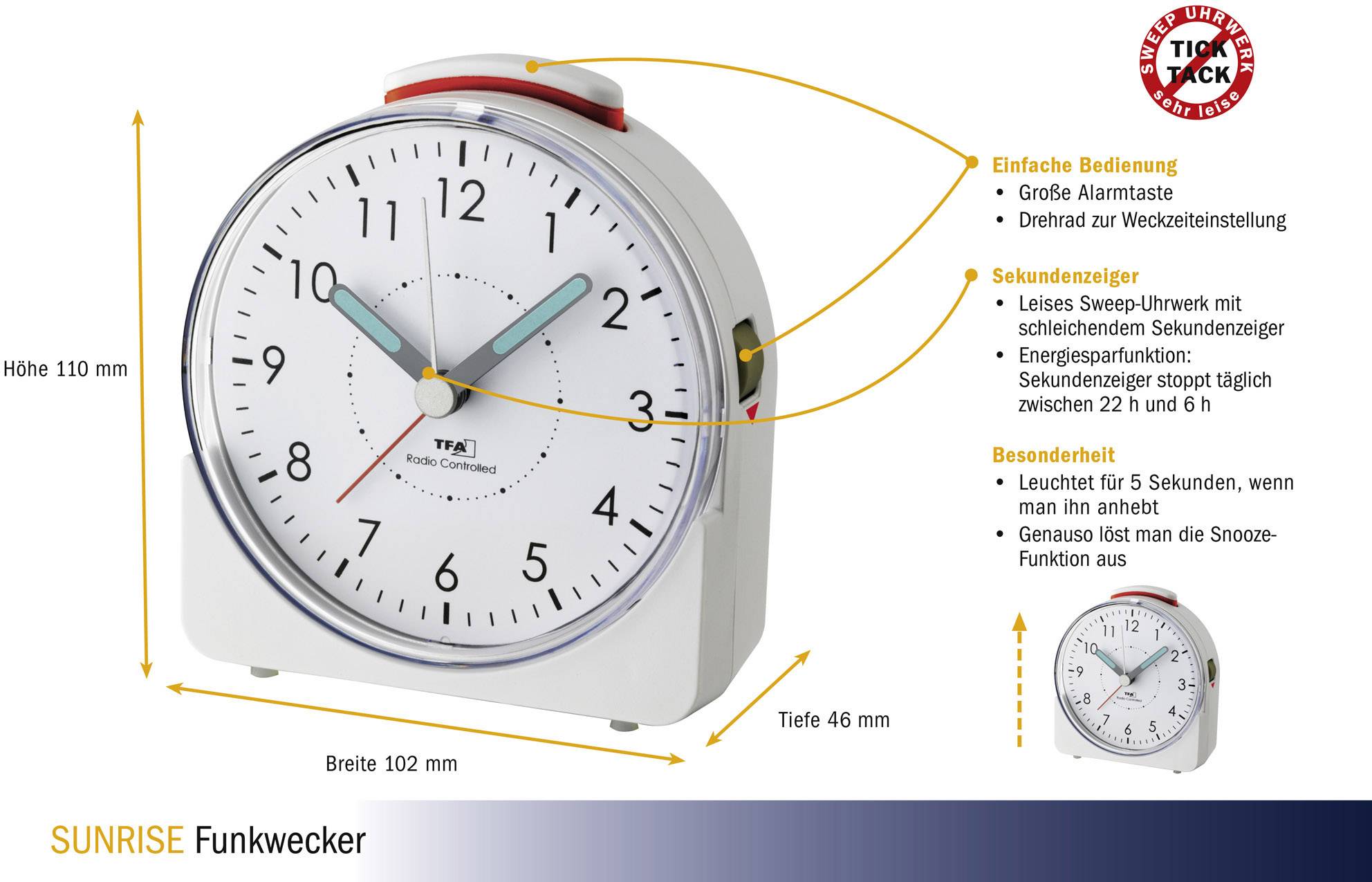 Un réveil radio blanc avec des inscriptions claires : 'Utilisation simple', 'Aiguille des secondes' et 'Particularité'. Dimensions : hauteur 110 mm, largeur 102 mm, profondeur 46 mm.