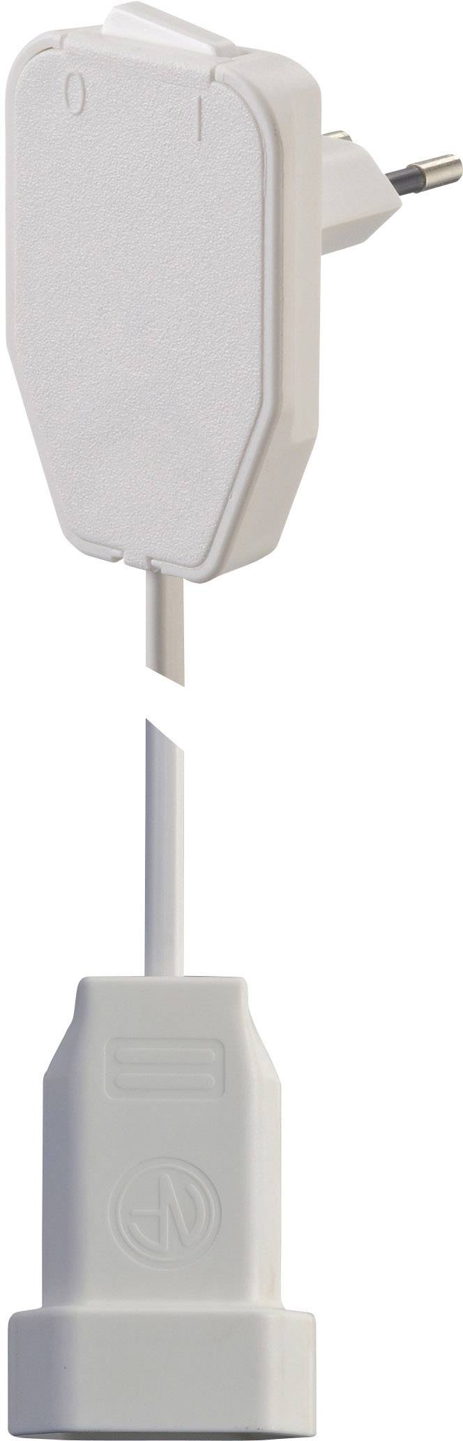 Un chargeur blanc vertical avec une prise secteur en haut, relié à un boîtier rectangulaire par un court câble en bas.