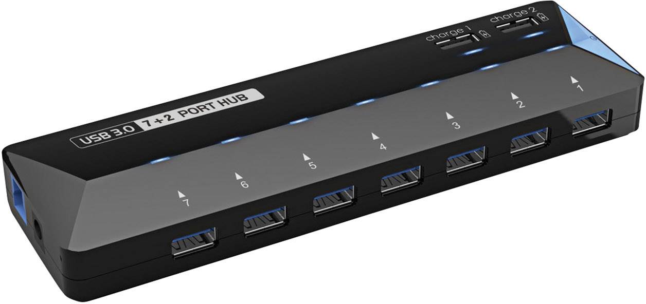 Hub USB avec 7 ports, numérotés de 1 à 7. En haut à droite se trouvent deux prises de charge supplémentaires, étiquetées 'charger 1' et 'charger 2'.