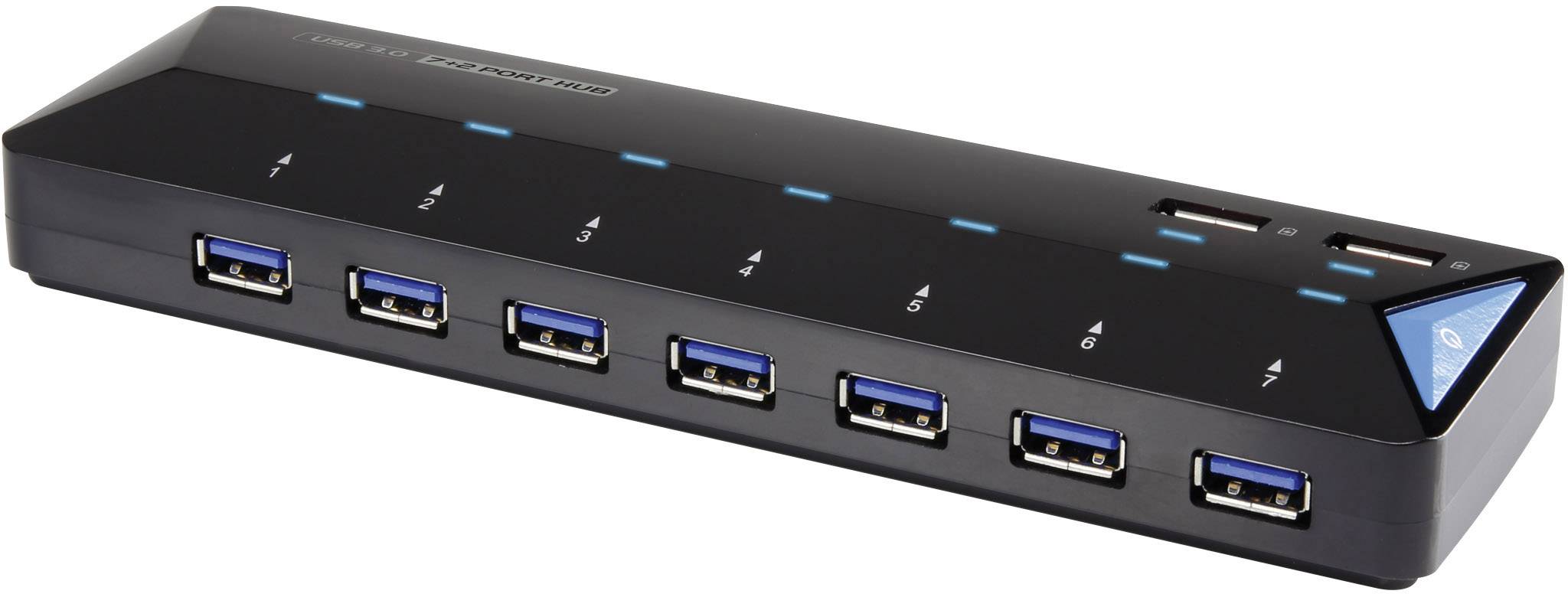 Un hub USB noir avec sept ports USB à l'avant et deux sur le dessus. Adapté pour étendre les capacités USB des ordinateurs.