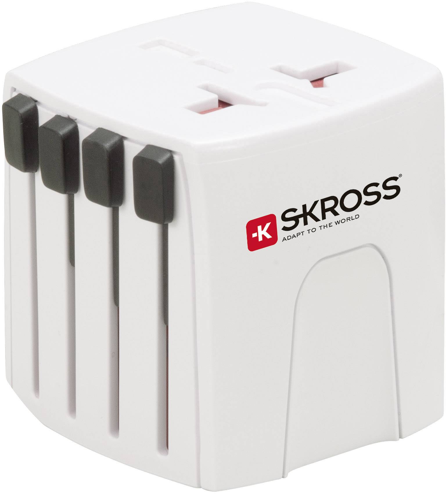 'Adaptateur de voyage international de SKROSS, avec coulissants pour différents types de fiches, design carré blanc avec logo rouge.'