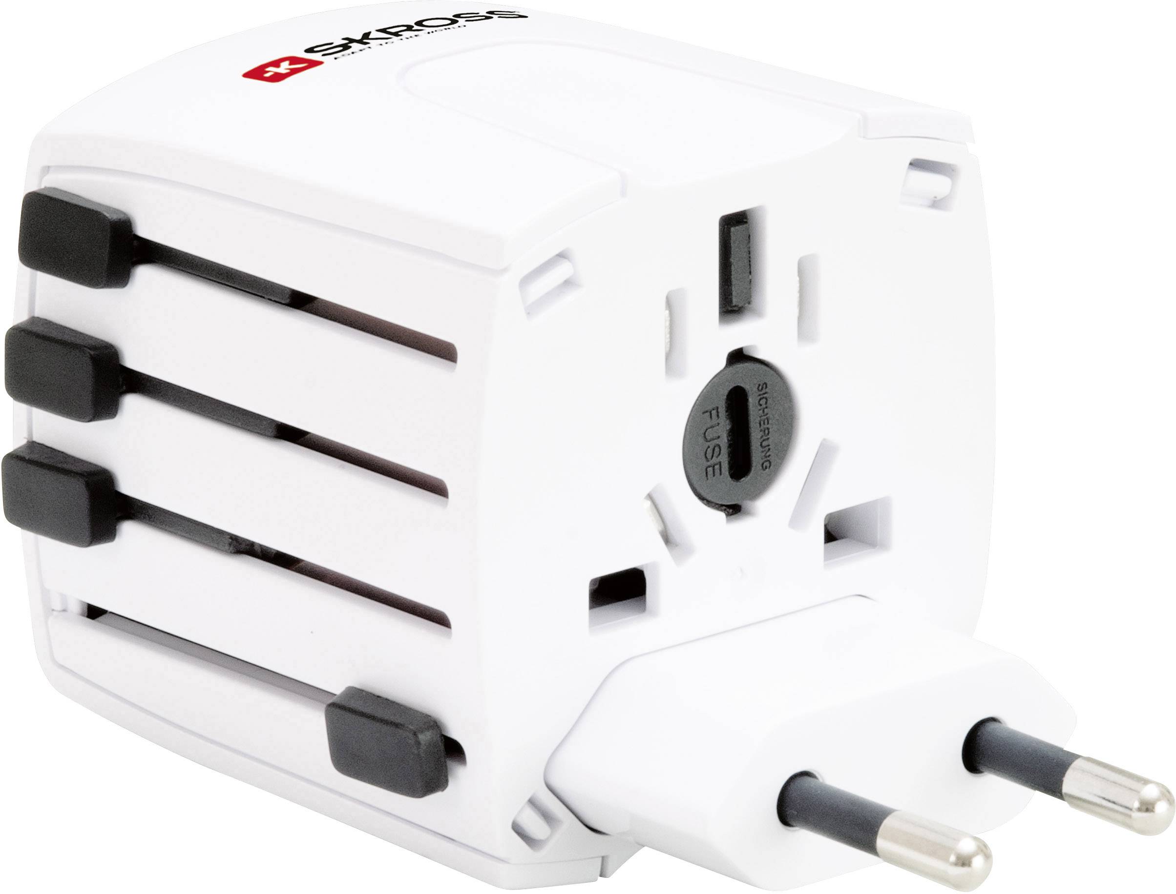 Adaptateur de voyage blanc avec plusieurs prises, adapté aux différents types de fiches internationales, avec un logo noir sur le dessus.