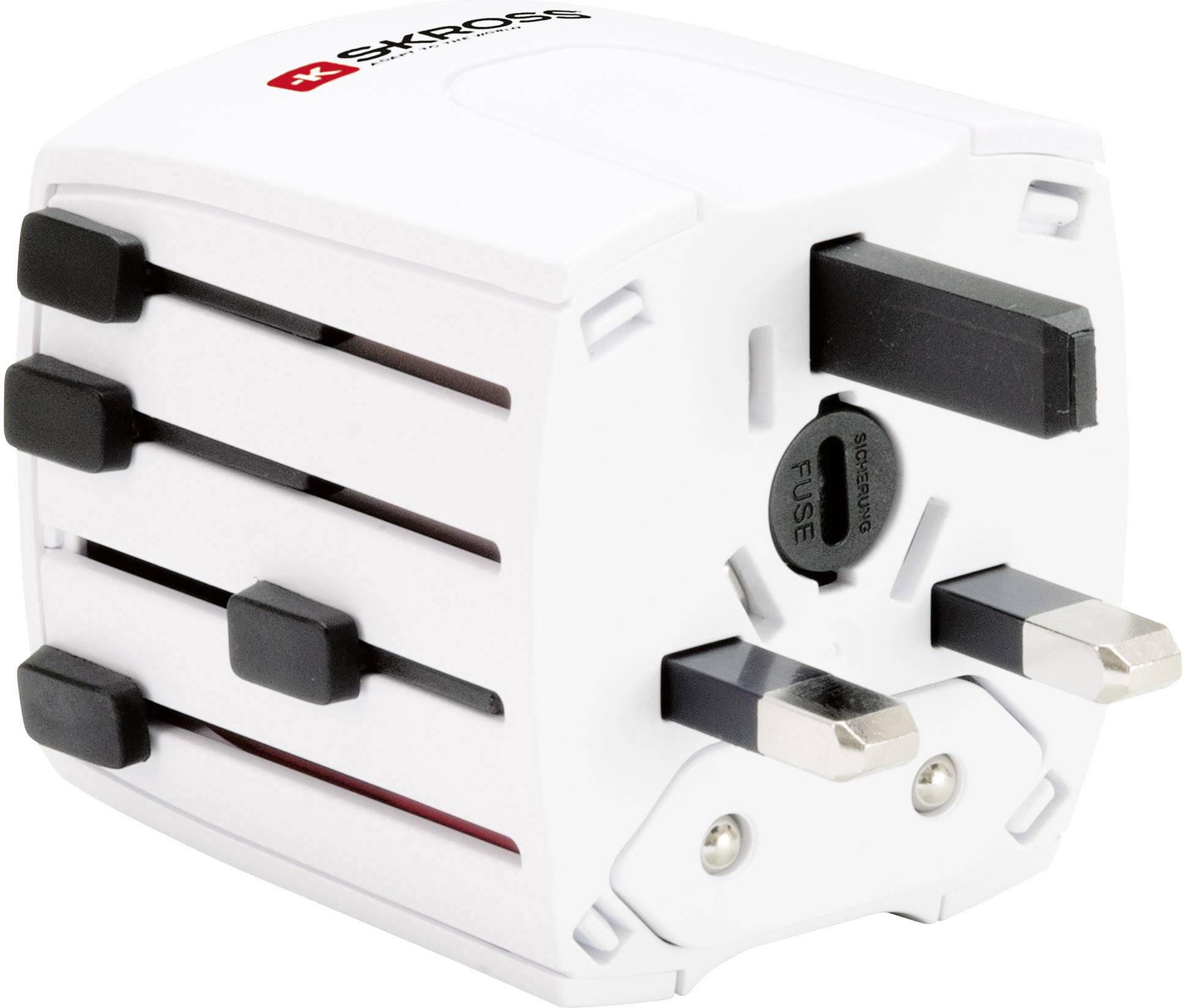 Un adaptateur de voyage universel blanc avec plusieurs types de fiches pour une utilisation internationale, logo sur la face supérieure.