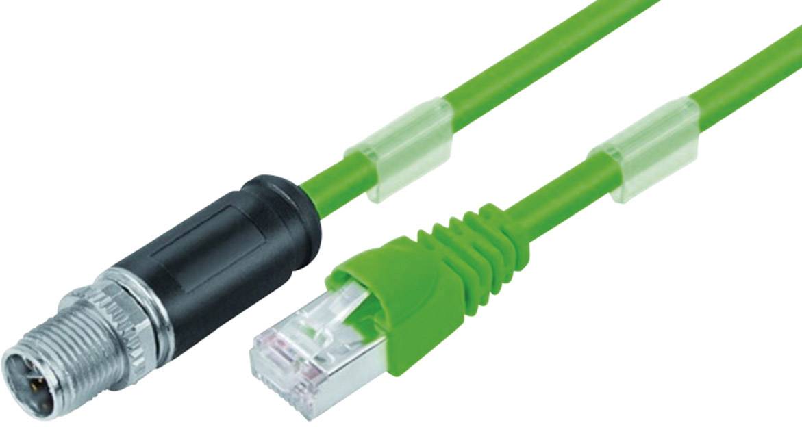 Un câble Ethernet vert avec une fiche RJ45 et un connecteur industriel.