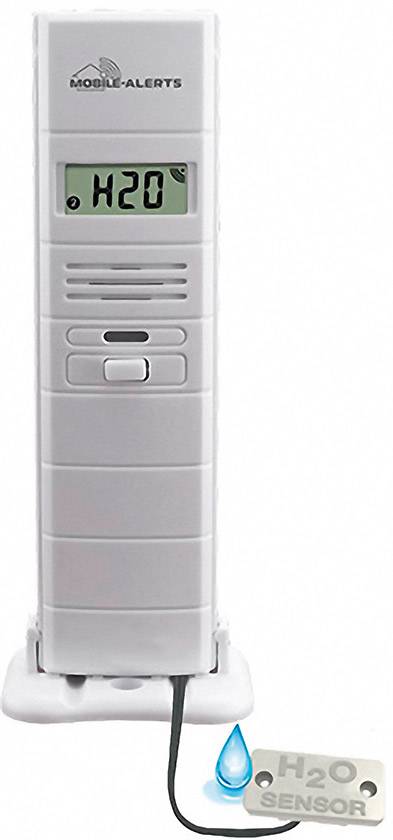 Un appareil de mesure blanc rectangulaire avec un affichage numérique indique 'H20'. Un câble relie l'appareil à un capteur portant l'inscription 'H2O SENSOR' et arborant un symbole de goutte d'eau bleu.