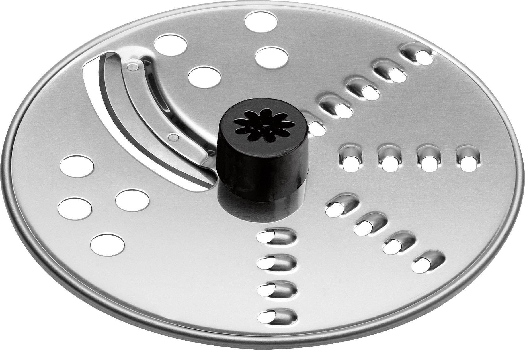 Disque métallique avec un centre en plastique noir et plusieurs motifs de perforations pour couper ou râper dans un robot culinaire.