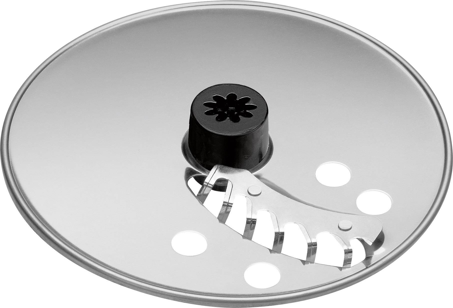 Disque en argent avec des éléments en plastique noir, montrant des trous et des lames pour couper ou râper dans les robots de cuisine.
